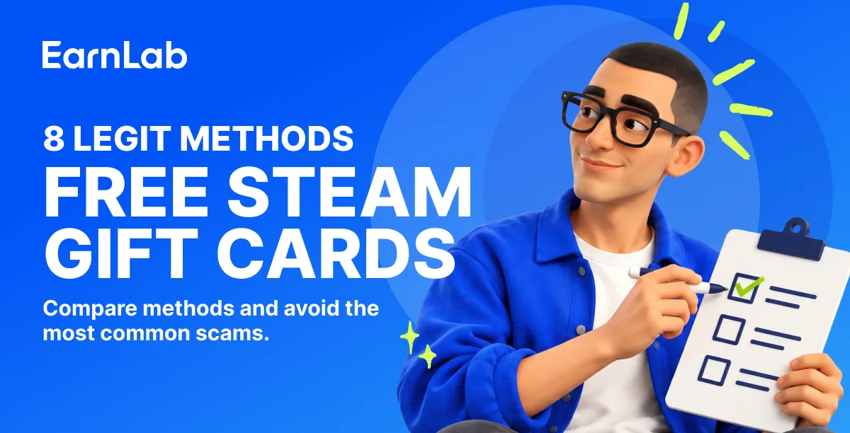 Steam gift cards and a gaming PC next to a phone showing a rewards app with points being earned