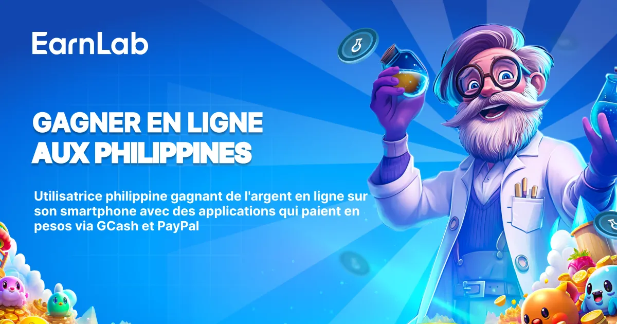 Utilisatrice philippine gagnant de l'argent en ligne sur son smartphone avec des applications qui paient en pesos via GCash et PayPal
